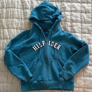 Tommy Hilfiger Zip Up Hoodie Size L Teal Blue Logo Sweatshirt